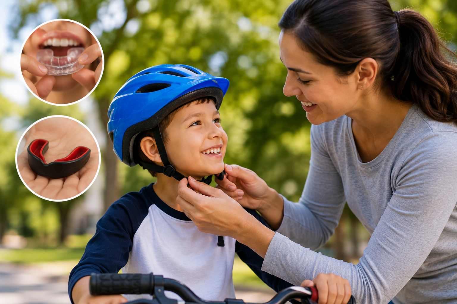 Mother protecting kid bycicle
